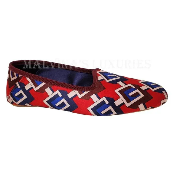 GUCCI SHOES GEOMETRIC G LOGO RED BLUE WHITE SATIN SLIPPER sz 39 9 US